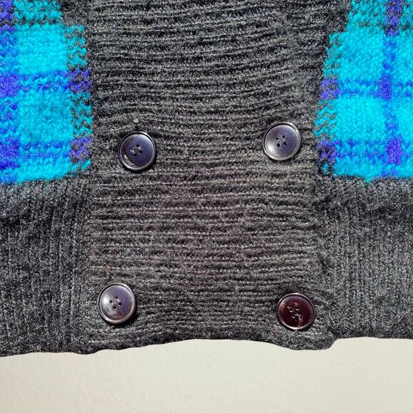 Vintage 1980s men’s blue plaid cardigan sweater shawl collar, retro prep grunge - Picture 6 of 10